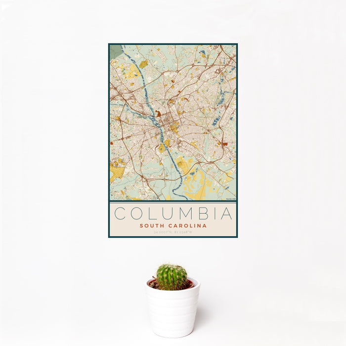 12x18 Columbia South Carolina Map Print Portrait Orientation in Woodblock Style With Small Cactus Plant in White Planter