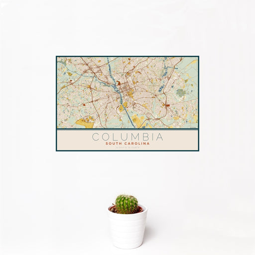 12x18 Columbia South Carolina Map Print Landscape Orientation in Woodblock Style With Small Cactus Plant in White Planter