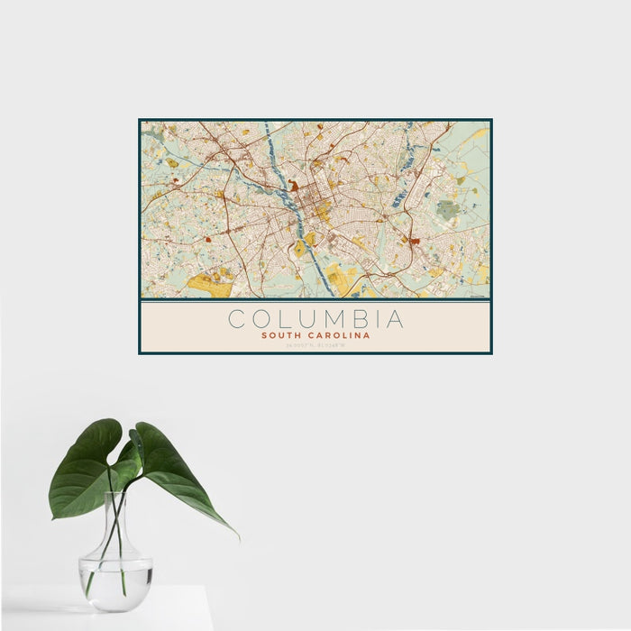 16x24 Columbia South Carolina Map Print Landscape Orientation in Woodblock Style With Tropical Plant Leaves in Water
