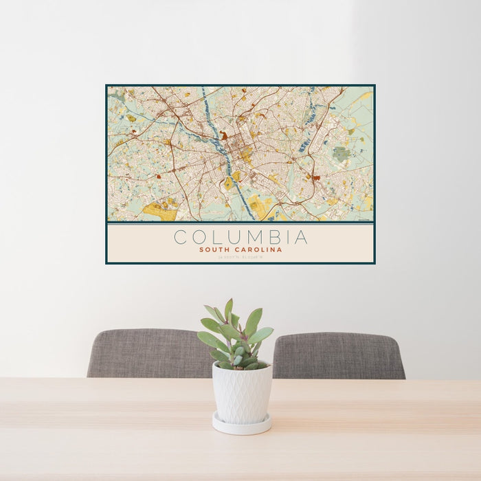 24x36 Columbia South Carolina Map Print Landscape Orientation in Woodblock Style Behind 2 Chairs Table and Potted Plant