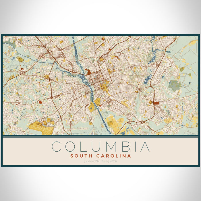 Columbia South Carolina Map Print Landscape Orientation in Woodblock Style With Shaded Background