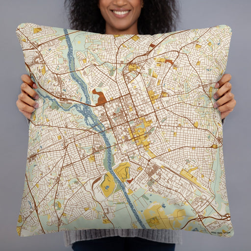Person holding 22x22 Custom Columbia South Carolina Map Throw Pillow in Woodblock