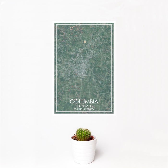 12x18 Columbia Tennessee Map Print Portrait Orientation in Afternoon Style With Small Cactus Plant in White Planter