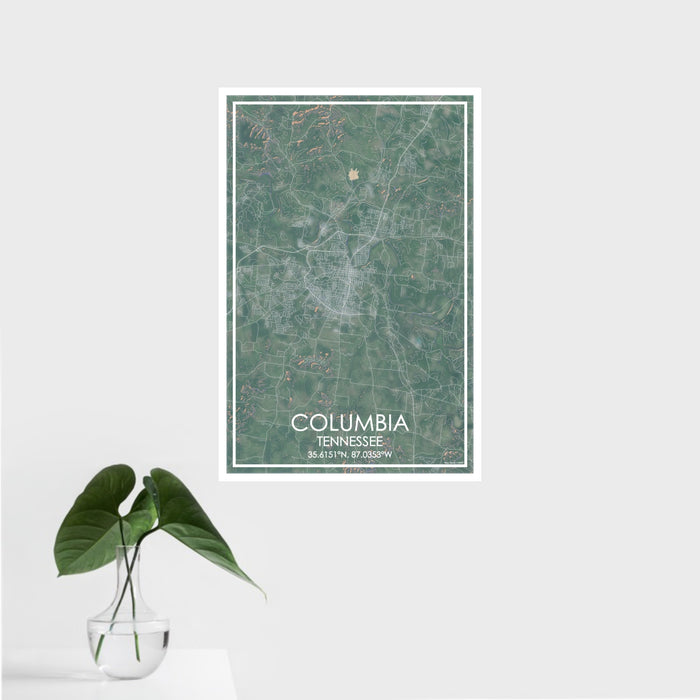 16x24 Columbia Tennessee Map Print Portrait Orientation in Afternoon Style With Tropical Plant Leaves in Water