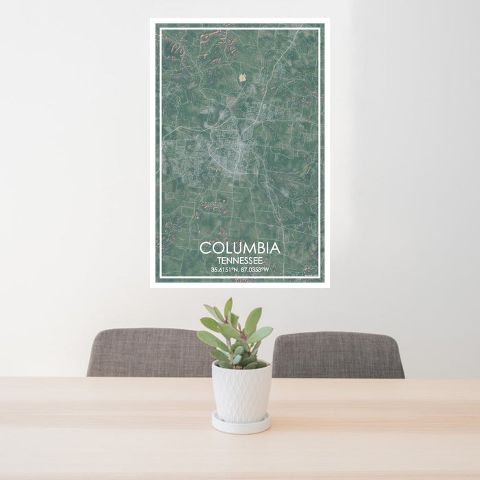 24x36 Columbia Tennessee Map Print Portrait Orientation in Afternoon Style Behind 2 Chairs Table and Potted Plant