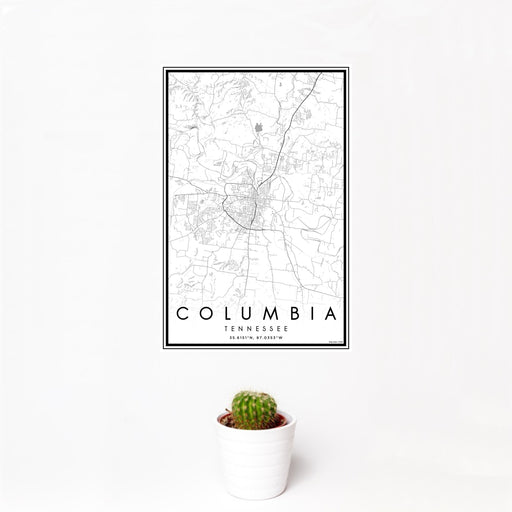 12x18 Columbia Tennessee Map Print Portrait Orientation in Classic Style With Small Cactus Plant in White Planter