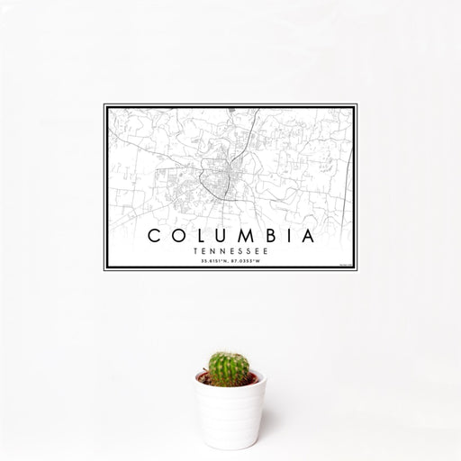 12x18 Columbia Tennessee Map Print Landscape Orientation in Classic Style With Small Cactus Plant in White Planter