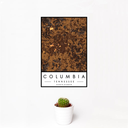 12x18 Columbia Tennessee Map Print Portrait Orientation in Ember Style With Small Cactus Plant in White Planter