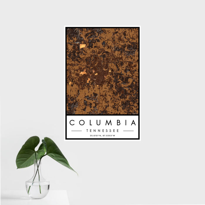 16x24 Columbia Tennessee Map Print Portrait Orientation in Ember Style With Tropical Plant Leaves in Water