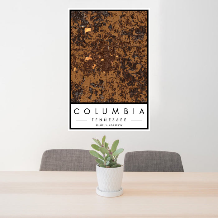 24x36 Columbia Tennessee Map Print Portrait Orientation in Ember Style Behind 2 Chairs Table and Potted Plant