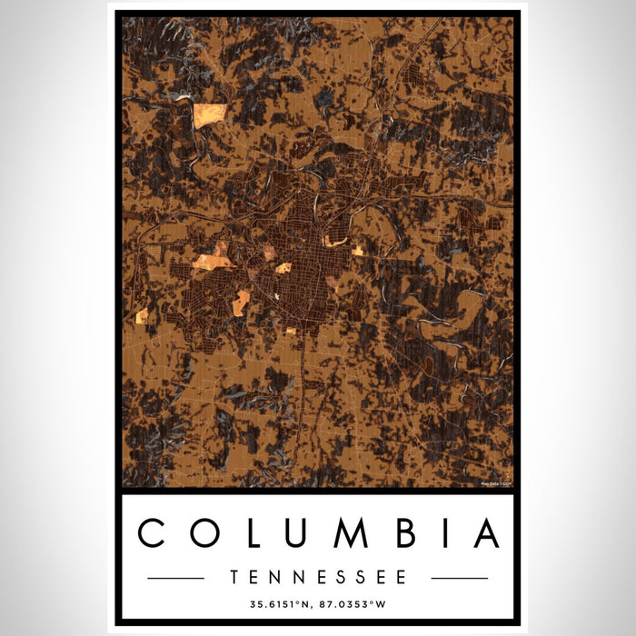 Columbia Tennessee Map Print Portrait Orientation in Ember Style With Shaded Background