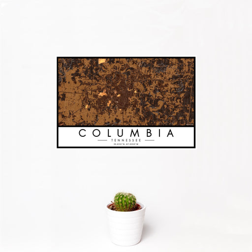 12x18 Columbia Tennessee Map Print Landscape Orientation in Ember Style With Small Cactus Plant in White Planter