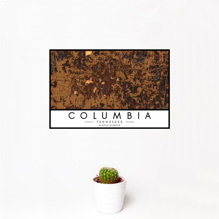 12x18 Columbia Tennessee Map Print Landscape Orientation in Ember Style With Small Cactus Plant in White Planter