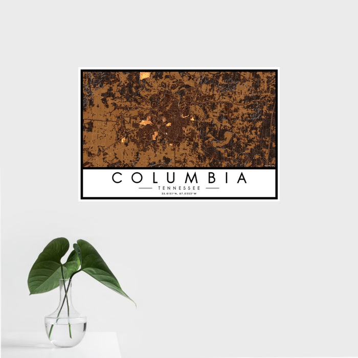 16x24 Columbia Tennessee Map Print Landscape Orientation in Ember Style With Tropical Plant Leaves in Water
