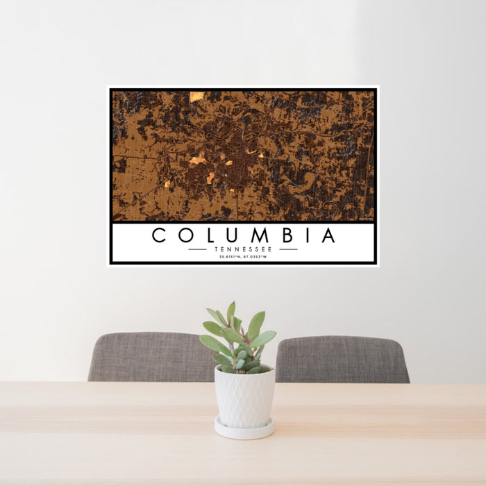 24x36 Columbia Tennessee Map Print Landscape Orientation in Ember Style Behind 2 Chairs Table and Potted Plant