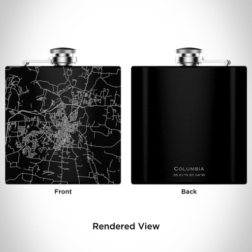 Rendered View of Columbia Tennessee Map Engraving on 6oz Stainless Steel Flask in Black