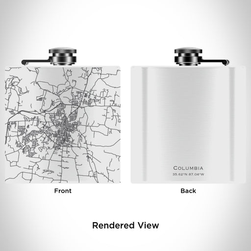 Rendered View of Columbia Tennessee Map Engraving on 6oz Stainless Steel Flask in White