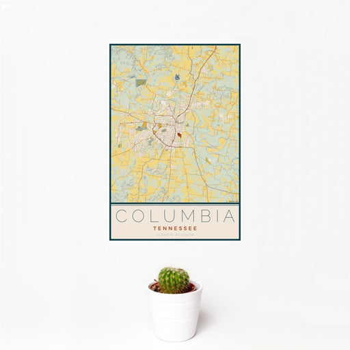 12x18 Columbia Tennessee Map Print Portrait Orientation in Woodblock Style With Small Cactus Plant in White Planter