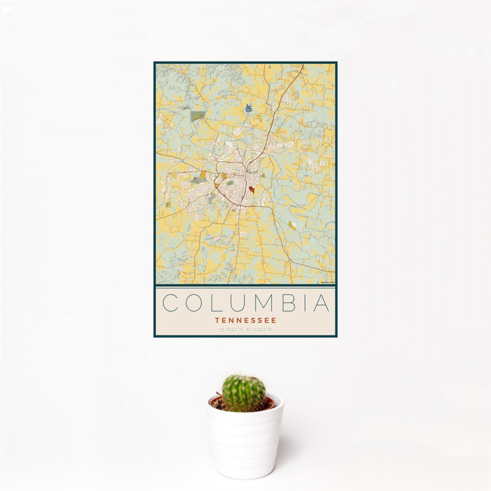 12x18 Columbia Tennessee Map Print Portrait Orientation in Woodblock Style With Small Cactus Plant in White Planter
