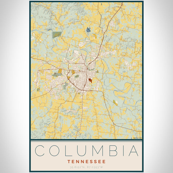 Columbia Tennessee Map Print Portrait Orientation in Woodblock Style With Shaded Background