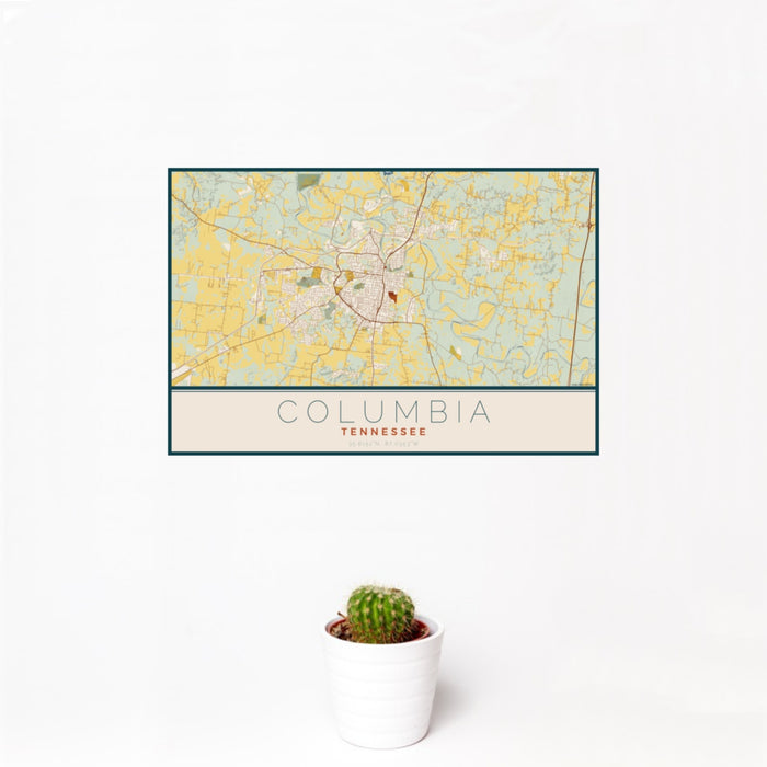 12x18 Columbia Tennessee Map Print Landscape Orientation in Woodblock Style With Small Cactus Plant in White Planter