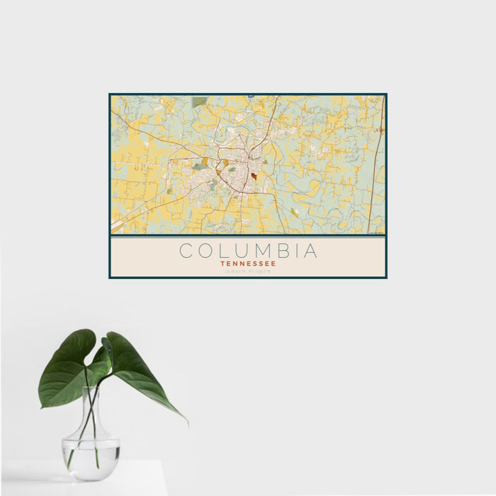 16x24 Columbia Tennessee Map Print Landscape Orientation in Woodblock Style With Tropical Plant Leaves in Water