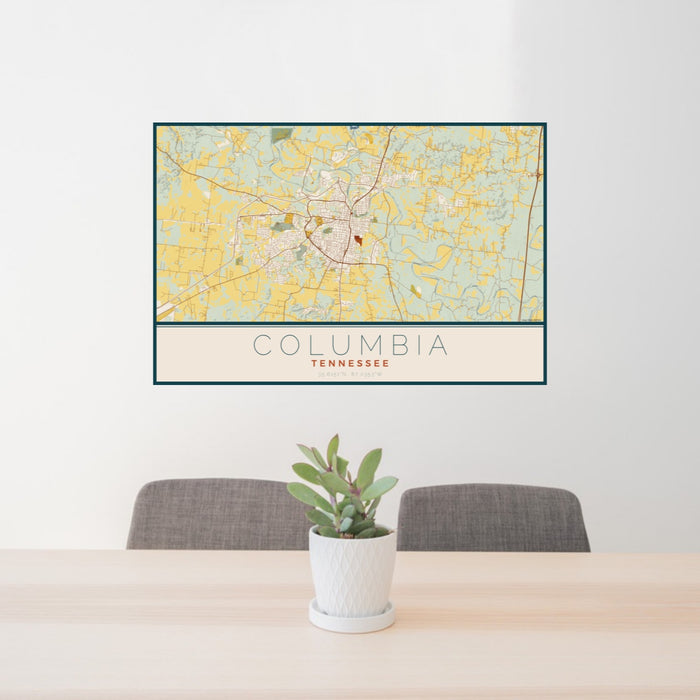 24x36 Columbia Tennessee Map Print Landscape Orientation in Woodblock Style Behind 2 Chairs Table and Potted Plant