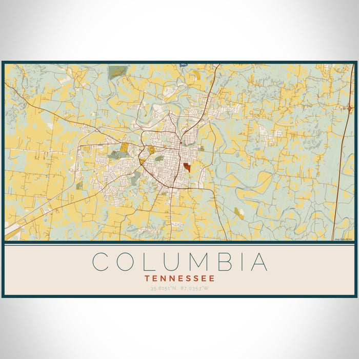 Columbia Tennessee Map Print Landscape Orientation in Woodblock Style With Shaded Background