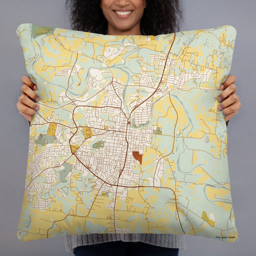 Person holding 22x22 Custom Columbia Tennessee Map Throw Pillow in Woodblock