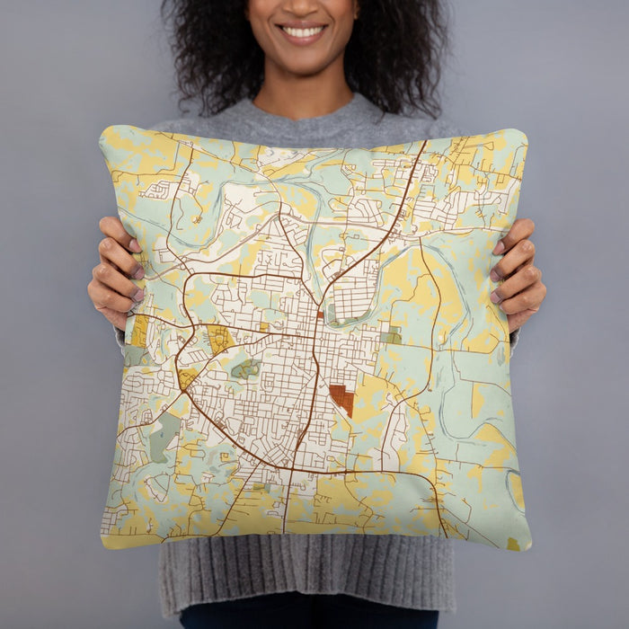 Person holding 18x18 Custom Columbia Tennessee Map Throw Pillow in Woodblock