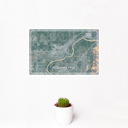 12x18 Columbia Falls Montana Map Print Landscape Orientation in Afternoon Style With Small Cactus Plant in White Planter