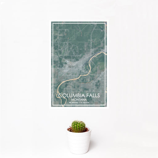 12x18 Columbia Falls Montana Map Print Portrait Orientation in Afternoon Style With Small Cactus Plant in White Planter