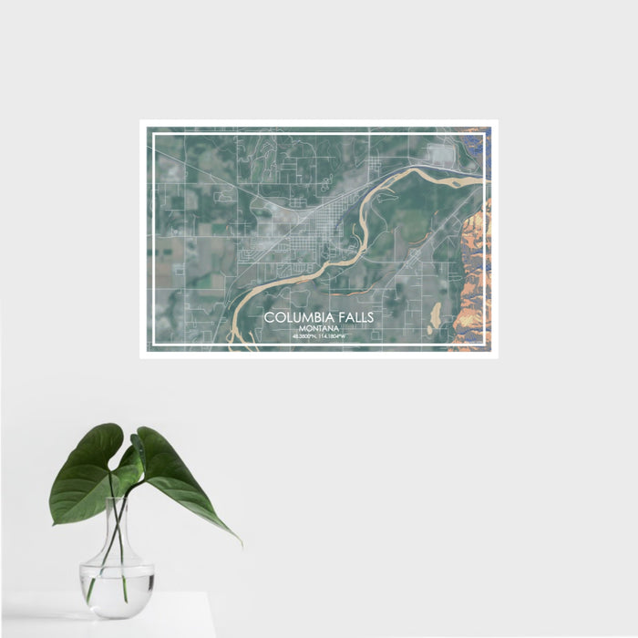 16x24 Columbia Falls Montana Map Print Landscape Orientation in Afternoon Style With Tropical Plant Leaves in Water