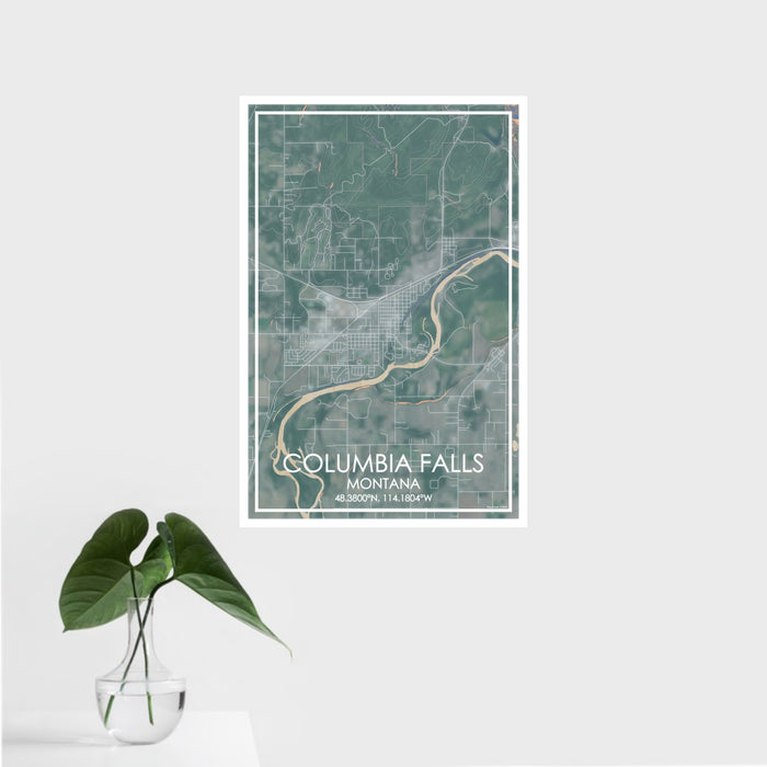 16x24 Columbia Falls Montana Map Print Portrait Orientation in Afternoon Style With Tropical Plant Leaves in Water
