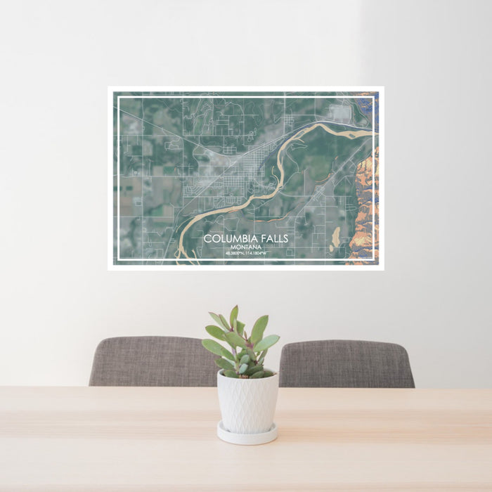 24x36 Columbia Falls Montana Map Print Lanscape Orientation in Afternoon Style Behind 2 Chairs Table and Potted Plant