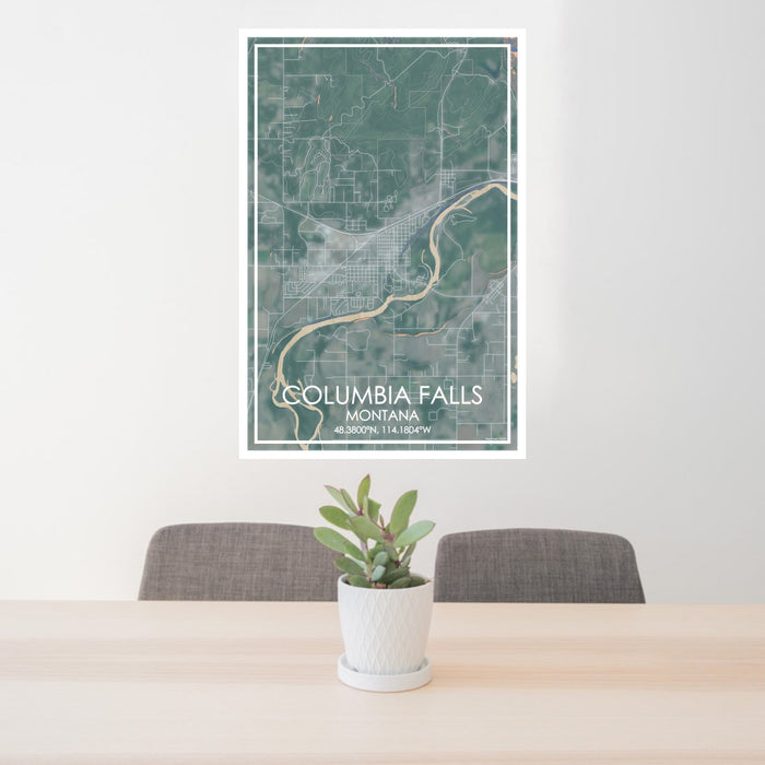 24x36 Columbia Falls Montana Map Print Portrait Orientation in Afternoon Style Behind 2 Chairs Table and Potted Plant