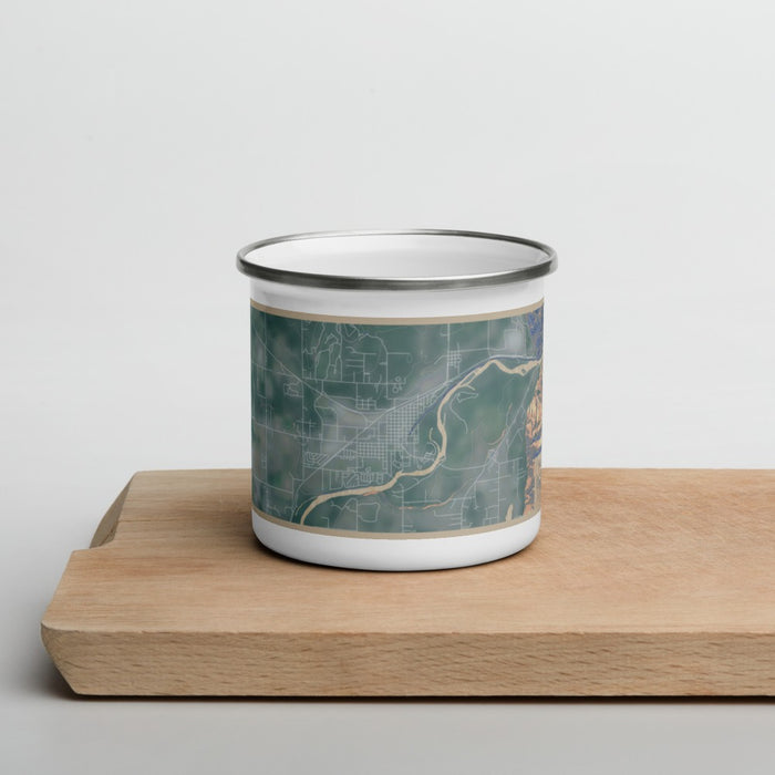 Front View Custom Columbia Falls Montana Map Enamel Mug in Afternoon on Cutting Board