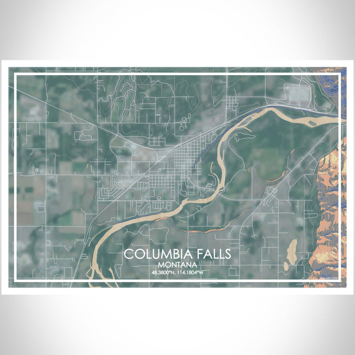 Columbia Falls Montana Map Print Landscape Orientation in Afternoon Style With Shaded Background