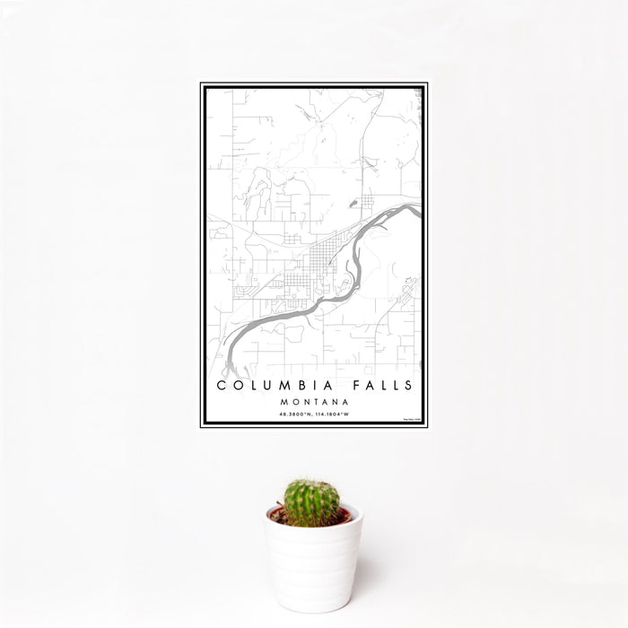 12x18 Columbia Falls Montana Map Print Portrait Orientation in Classic Style With Small Cactus Plant in White Planter