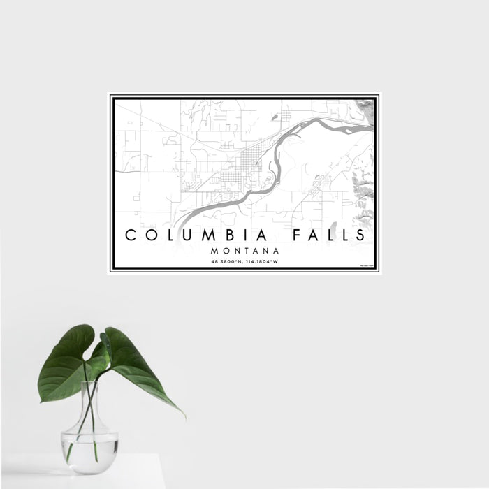 16x24 Columbia Falls Montana Map Print Landscape Orientation in Classic Style With Tropical Plant Leaves in Water