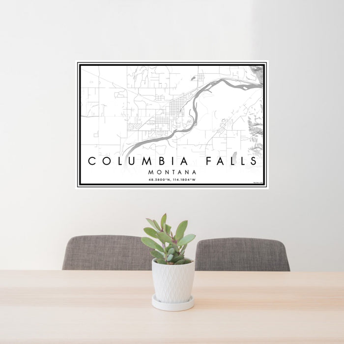 24x36 Columbia Falls Montana Map Print Landscape Orientation in Classic Style Behind 2 Chairs Table and Potted Plant