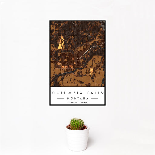 12x18 Columbia Falls Montana Map Print Portrait Orientation in Ember Style With Small Cactus Plant in White Planter