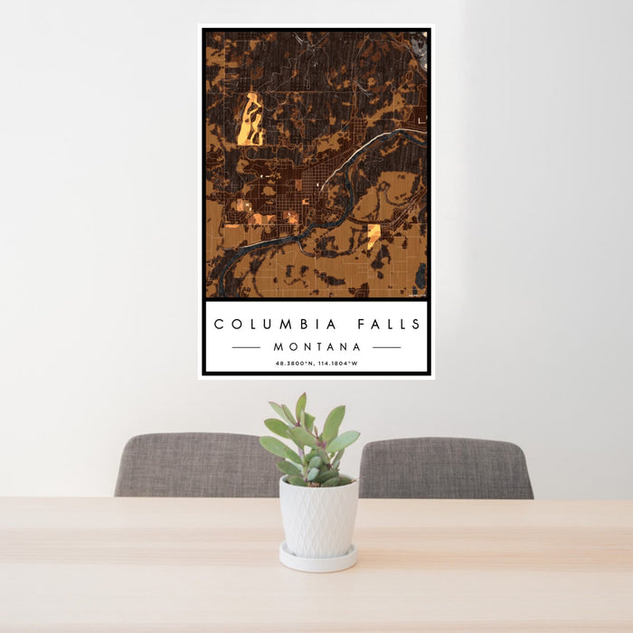 24x36 Columbia Falls Montana Map Print Portrait Orientation in Ember Style Behind 2 Chairs Table and Potted Plant