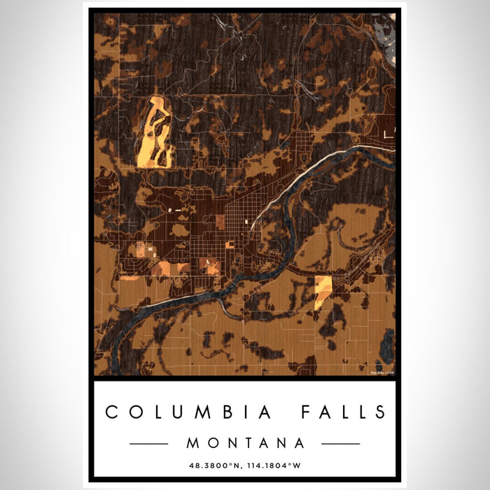 Columbia Falls Montana Map Print Portrait Orientation in Ember Style With Shaded Background