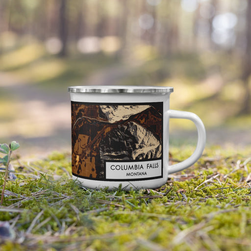 Right View Custom Columbia Falls Montana Map Enamel Mug in Ember on Grass With Trees in Background
