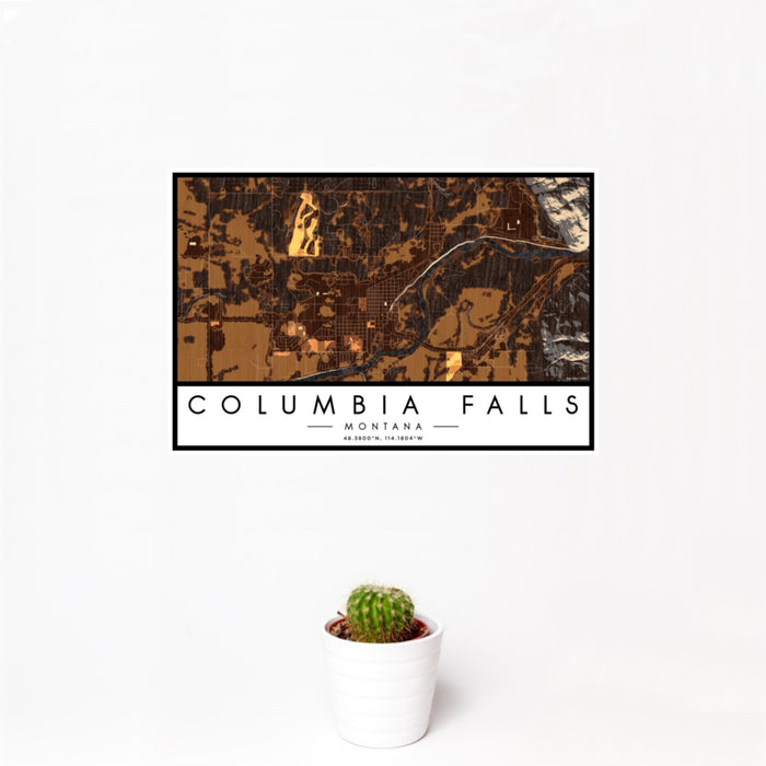 12x18 Columbia Falls Montana Map Print Landscape Orientation in Ember Style With Small Cactus Plant in White Planter