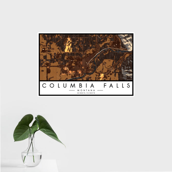 16x24 Columbia Falls Montana Map Print Landscape Orientation in Ember Style With Tropical Plant Leaves in Water