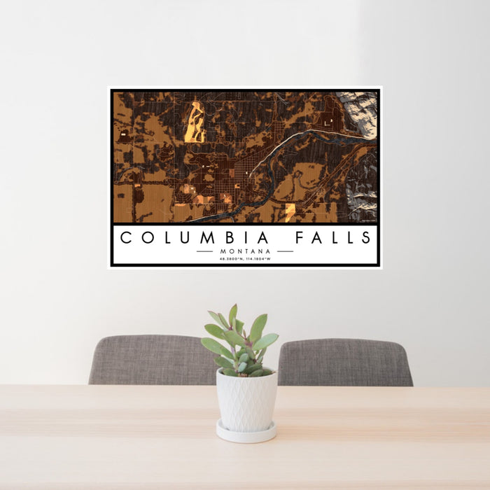 24x36 Columbia Falls Montana Map Print Landscape Orientation in Ember Style Behind 2 Chairs Table and Potted Plant