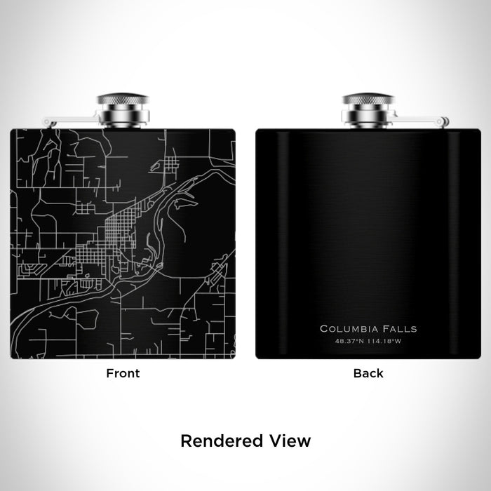 Rendered View of Columbia Falls Montana Map Engraving on 6oz Stainless Steel Flask in Black