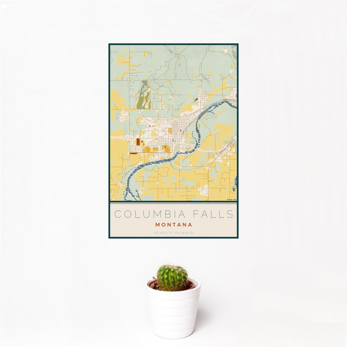 12x18 Columbia Falls Montana Map Print Portrait Orientation in Woodblock Style With Small Cactus Plant in White Planter